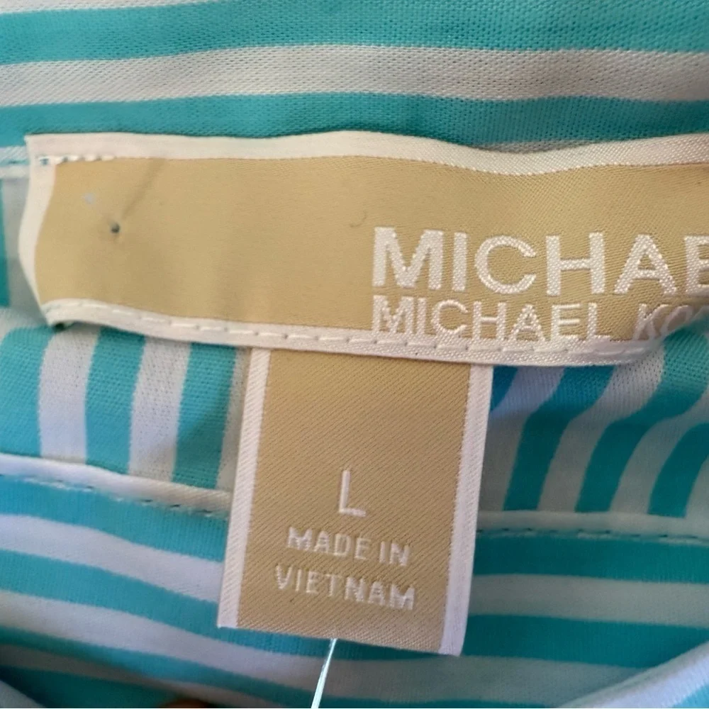 Michael Kors Turquoise White Stripe Off Shoulder Shirt Top Blouse Large NEW 1416